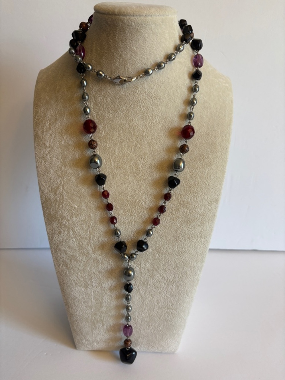 Black Red Purple Beaded Y Necklace w Drop Pendant  Boho Gothic Layering Necklace